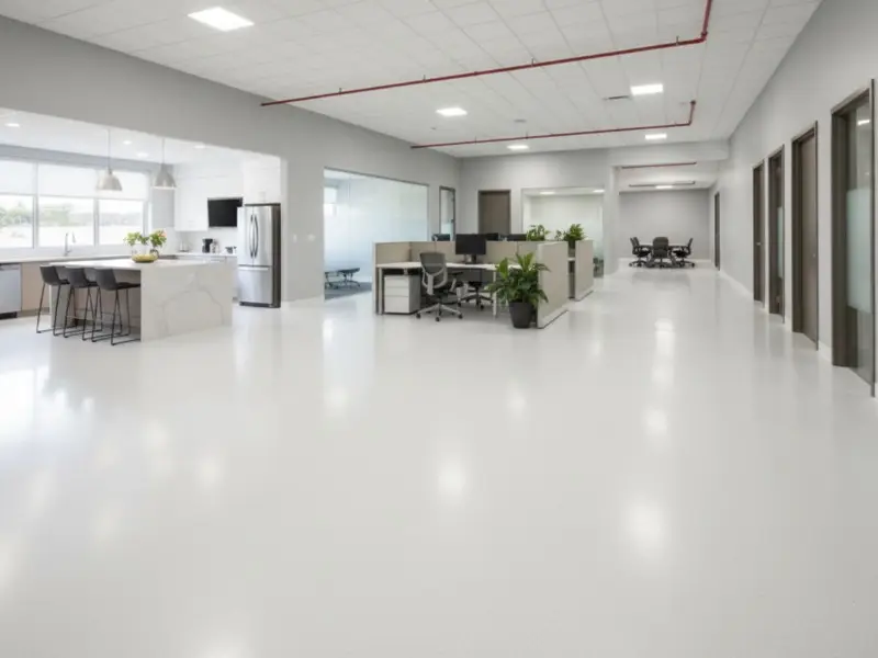 Office with seamless white epoxy utility flooring installed by a commercial painter in Westboro, ON